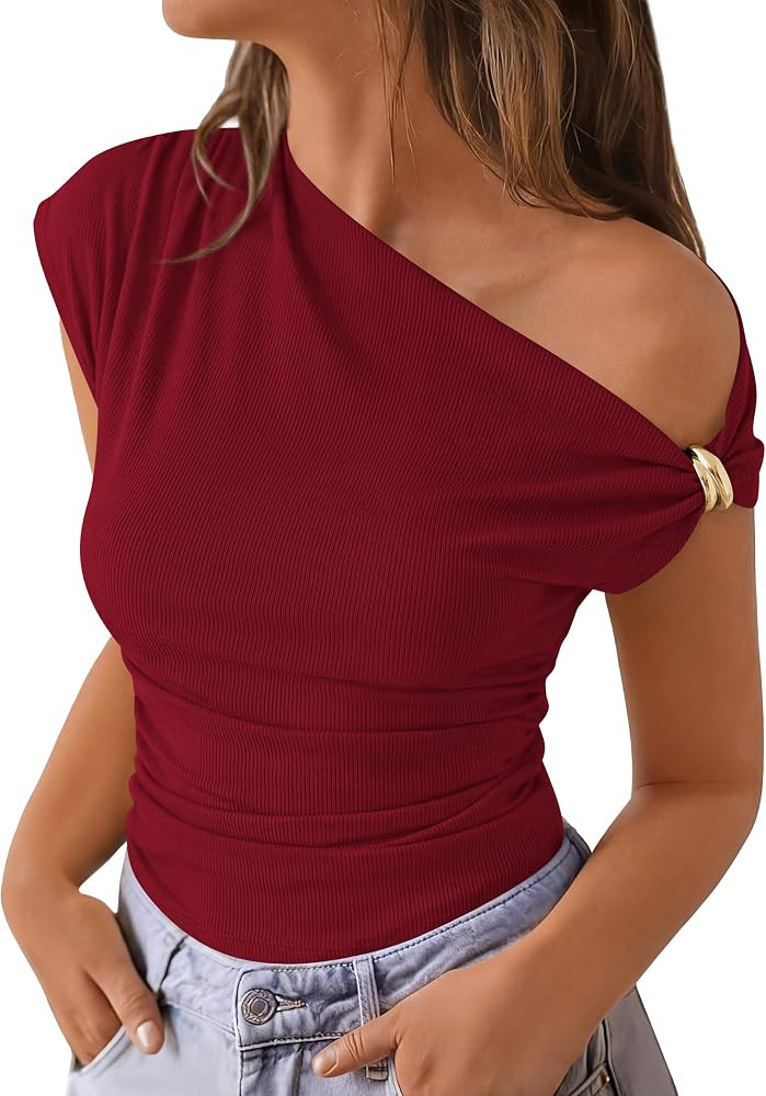 PRETTYGARDEN Womens Summer Off The Shoulder Crop Tops     Ribbed Knit Going Out Fitting T Shirts,... | Amazon (US)