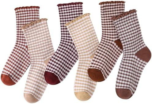 Women Ruffle Striped Frilly Socks, Cute Checkered Ankle Sock for Women Cotton Knit Casual Crew So... | Amazon (US)
