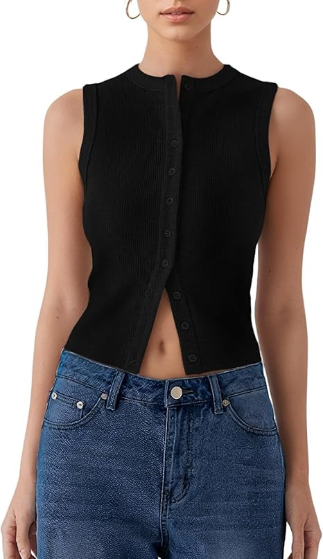 Women’s Button Down Tank Tops Sleeveless Ribbed Crop Summer Button Up Crewneck Vest Shirt Going... | Amazon (US)