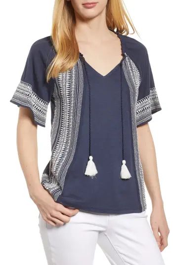 Women's Caslon Embroidered Border Peasant Top, Size X-Small - Blue | Nordstrom