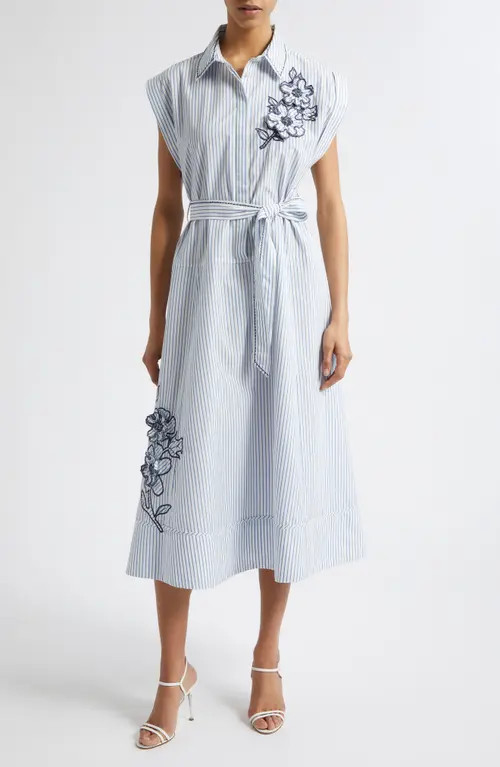 Cinq à Sept Callie Floral Appliqué Stripe Midi Shirtdress in White Multi at Nordstrom, Size 4 | Nordstrom