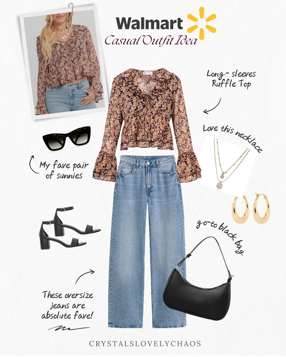 Cropped ruffle top + jeans + black handbag + simple earrings + black shades = an effortless, polished look. Casual but still put together — perfect for everyday errands or lunch out. 

 #LTKootd #LTKmomlife #LTKBeauty