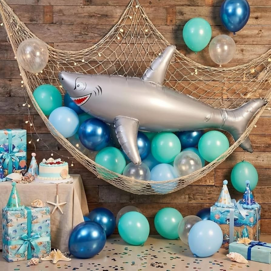 Shark Party Decorations Set Fish Net 39 Inches Inflatable Shark blue Balloons Decorative for Unde... | Amazon (US)