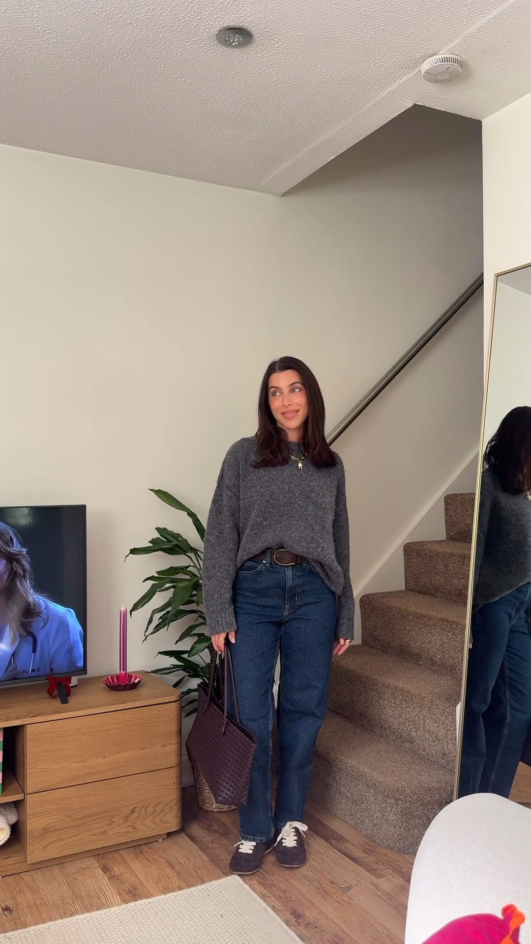 Realistic outfits, jumper season, knitwear, grey oversized knit, dark denim, jeans, petite, style, fashion, ootd, brown, grey and brown tones, combo, brown faux suede, burgundy, bag, statement jewellery, Abbott Lyon, asos, f&f clothing, f and f, Tesco, Stradivarius, trainer dupe, gold

#LTKuk #LTKautumn #LTKpetite