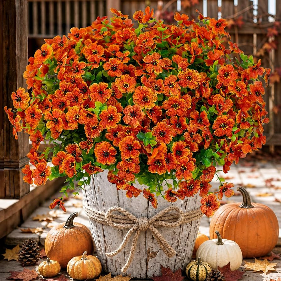 AXYLEX Artificial Mums for Outdoors Fake Fall Flowers Red Orange 16 Pack | Amazon (US)