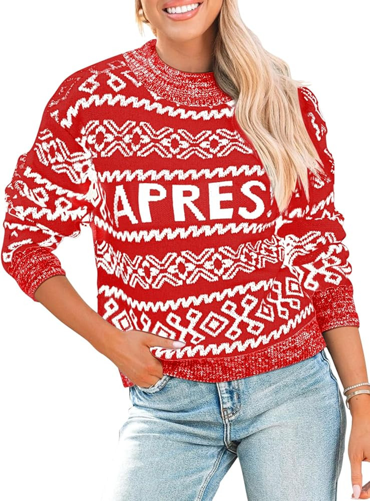 Womens Cowl Neck Pullover Sweaters Apres Ski Long Sleeve Chunky Knit Christmas Sweater | Amazon (US)