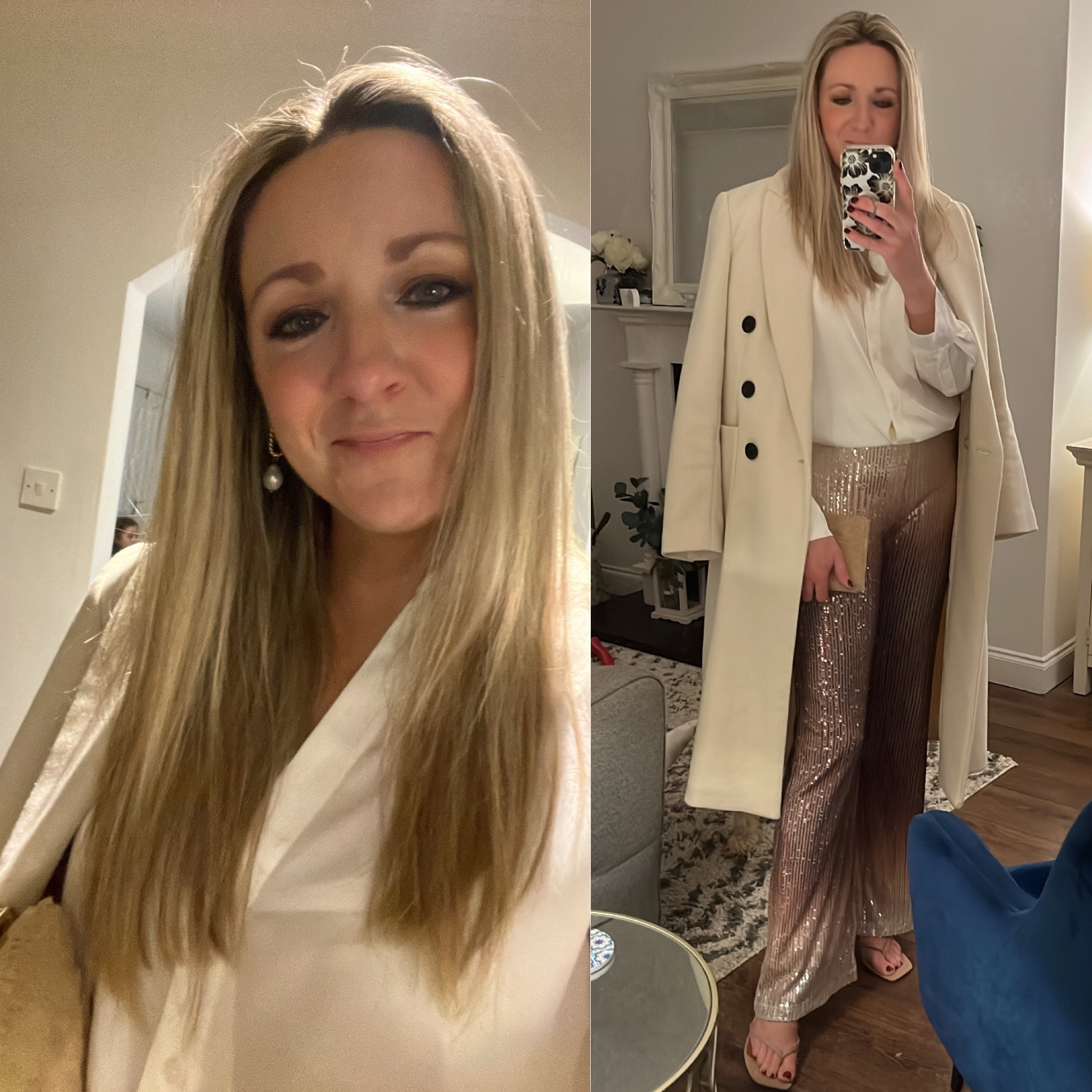 Sequin trousers are big for Christmas. I kept all the rest simple and just mixed textures for interest. Wool coat, satin blouse and a little fluffy clutch bag! Phenomenal pearl drop earrings from my good friend Christina Goldston jewellery. 

#LTKSeasonal #LTKeurope #LTKstyletip