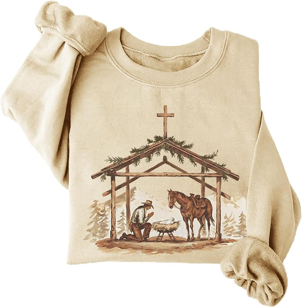 Praying Cowboy Nativity Scene Sweatshirt Jesus Christian Hoodie | Amazon (US)