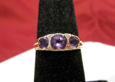 VINTAGE 14K YELLOW GOLD THREE AMETHYST ROUND STONE & DIAMONDS RING SIZE 6  | eBay | eBay US