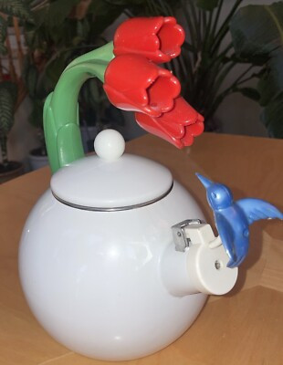 Ancona Whistling Tea Kettle Pot Red Tulips Blue Hummingbird Enamel 90's Nice  | eBay | eBay US