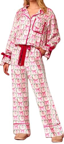 Yiulangde Satin Silk Bow Tie Christmas Pajamas Women Cute Santa Nutcracker Pjs Sets Xmas Ribbon Pajama Shirt Wide Leg Ruffle Pant Suits | Amazon (US)