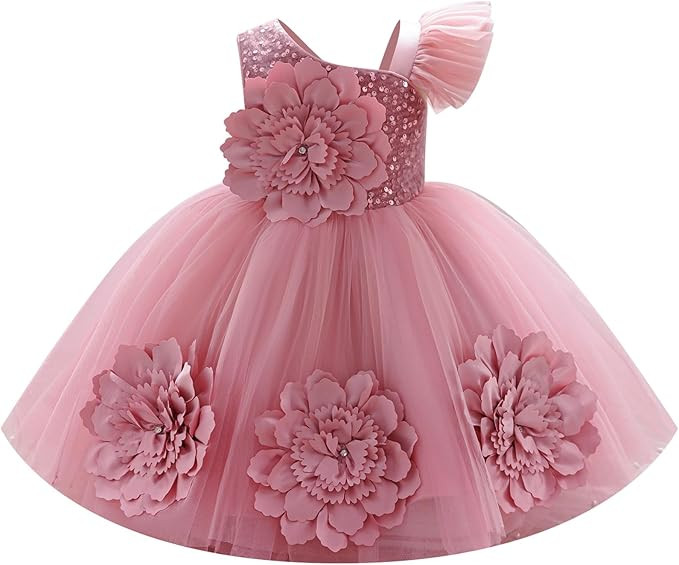 IMEKIS Toddler Baby Girls Pageant Dress Shiny Asymmetric Shoulder Flower Tulle Formal Birthday Pa... | Amazon (US)
