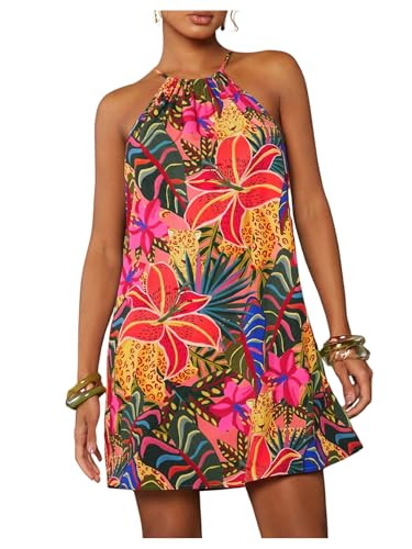SweatyRocks Women's Tropical Print Halter Dresses Sleeveless Holiday Summer Mini Dress White Blue... | Amazon (US)