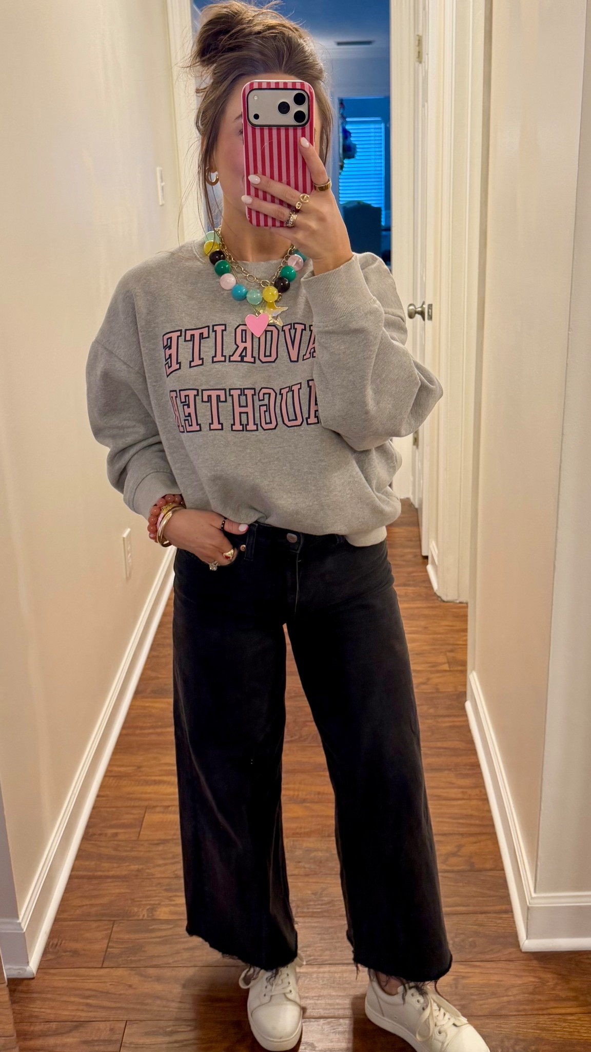 Loved this jeans and sweatshirt look for trivia last night! Added some chunky necklaces and bracelets to top it off  

#LTKPetite #LTKootd #LTKgrwm