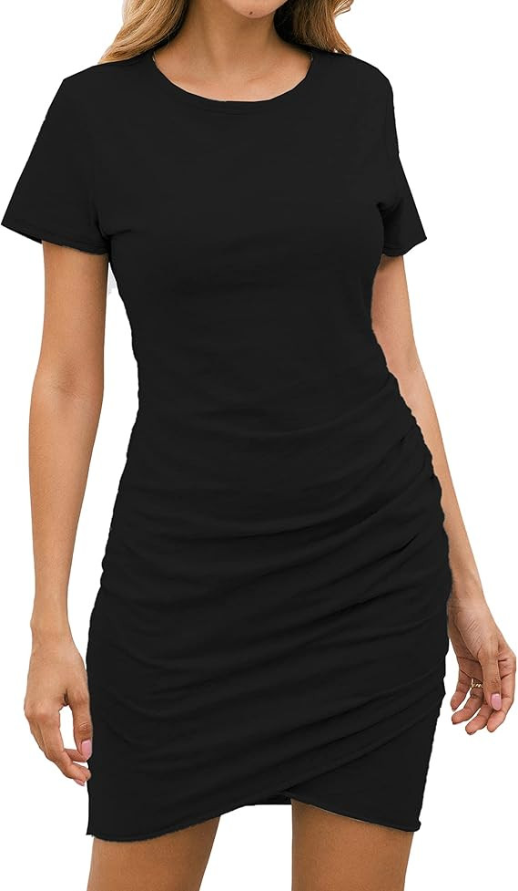 BTFBM Women's 2021 Casual Crew Neck Short Sleeve Ruched Stretchy Bodycon T Shirt Short Mini Dress | Amazon (US)