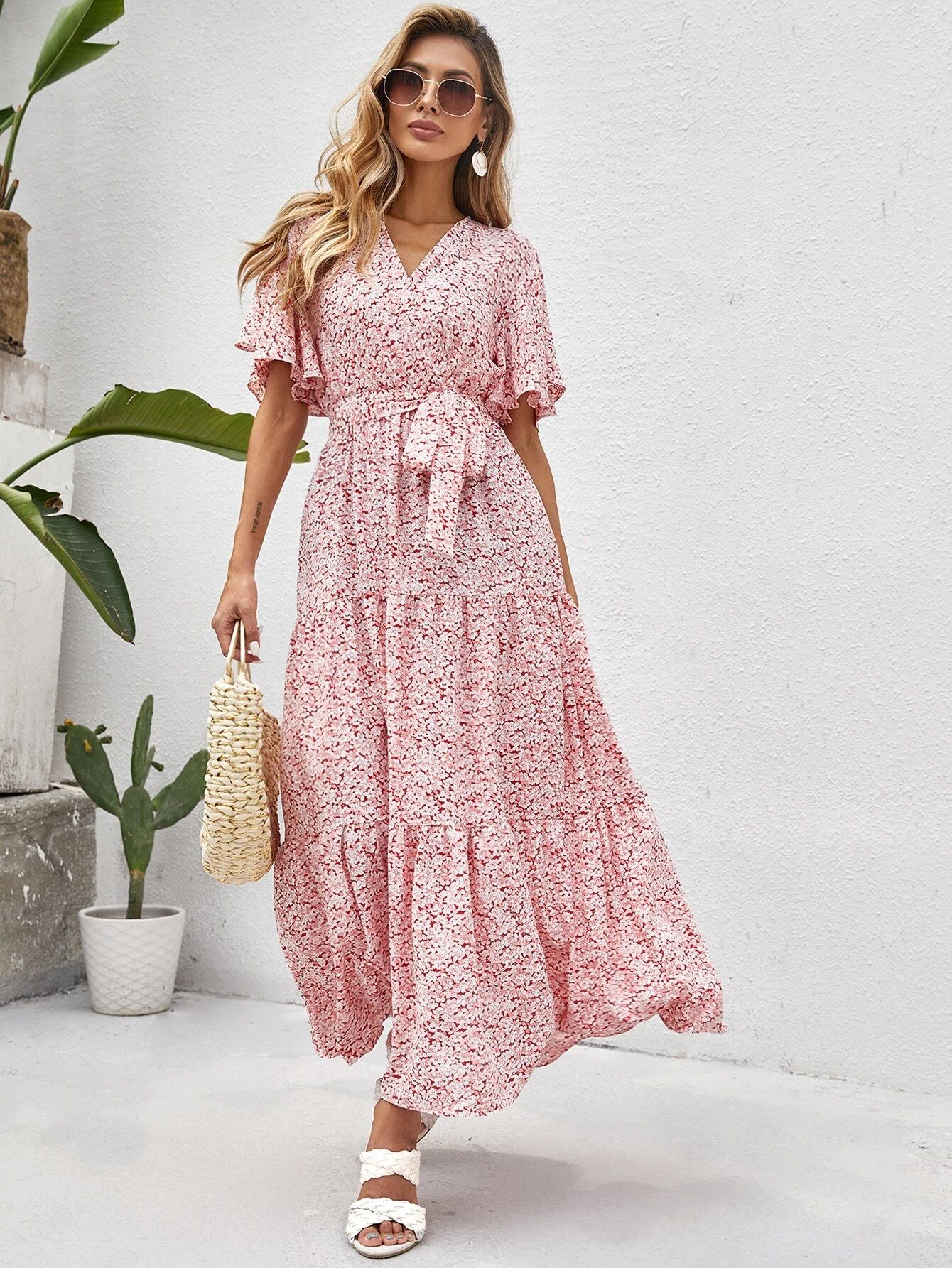 All Over Floral Print Ruffle Hem Butterfly Sleeve Belted Dress | SHEIN