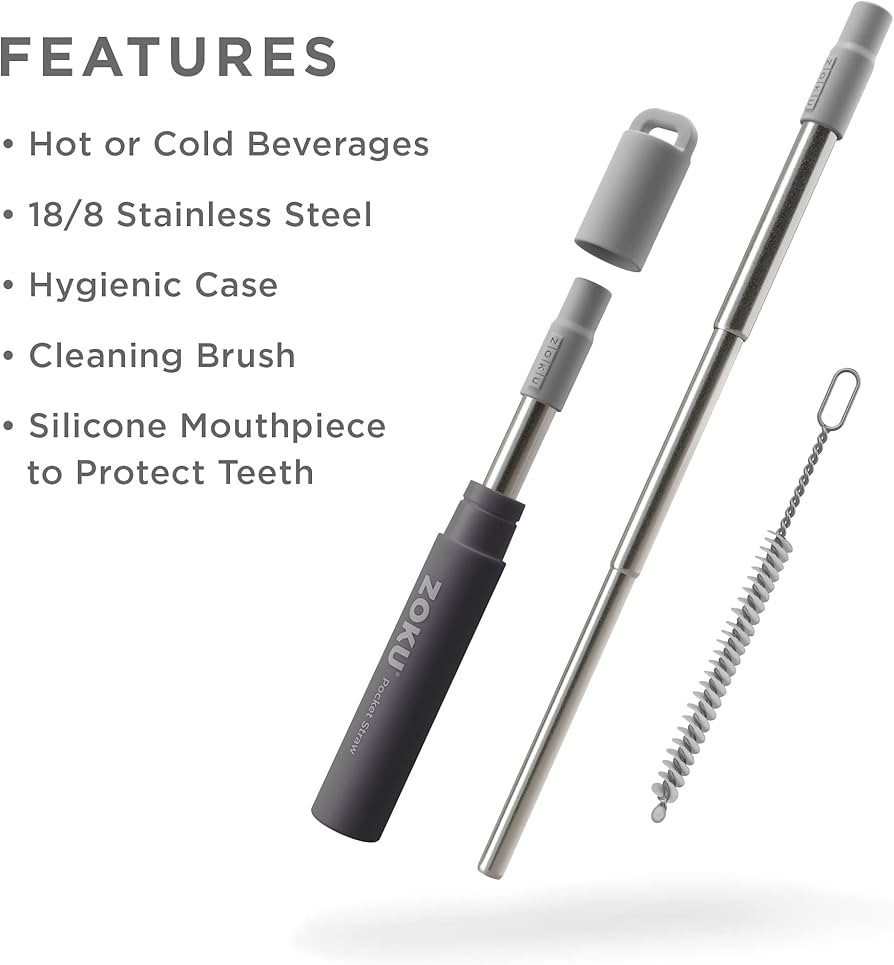 ZOKU Reusable Metal Straw with Case for Travel, Grey - Collapsible Stainless Steel Drinking Straw... | Amazon (US)