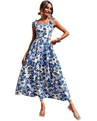 MakeMeChic Women's Summer Floral Boho Sleeveless Spaghetti Strap Shirred Cami Long Maxi Dress | Amazon (US)