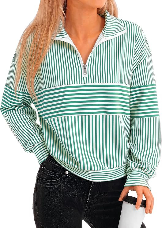 Fisoew Womens Quarter Zip Color Block Sweatshirt Long Sleeve Striped Half Zip Pullover Casual Ove... | Amazon (US)