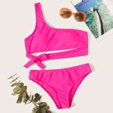 Neon Pink Tie Front One Shoulder Bikini Swimsuit | SHEIN