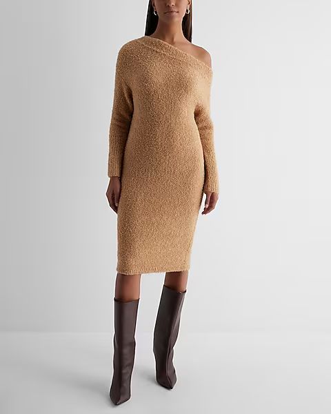 Boucle Off The Shoulder Long Sleeve Midi Sweater Dress | Express
