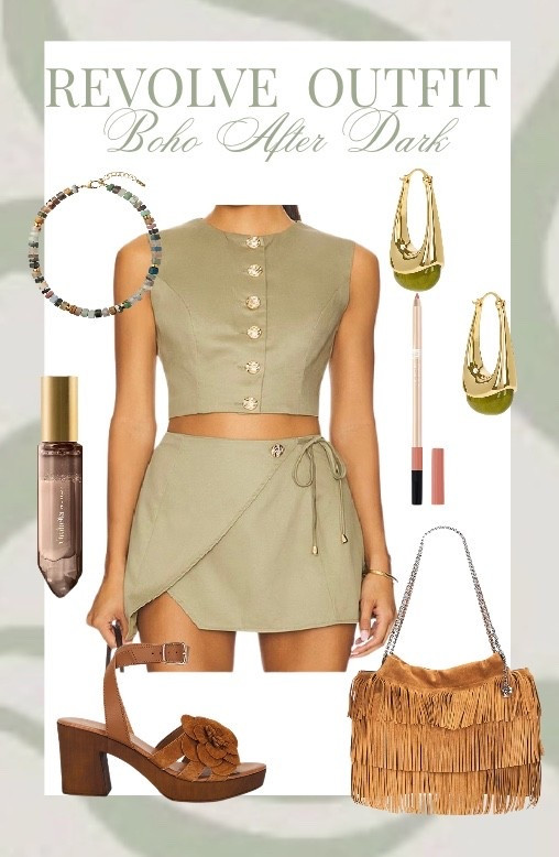 Boho After Dark but still softly elevated ✨🤎
This sage two-piece is giving effortless desert goddess — gold button details, a flirty wrap skirt, stacked hoops, and that fringe shoulder bag for movement. Finished with chunky wooden heels and warm shimmer for a subtle glow.
It’s western-leaning, boho-coded, and perfect for sunset dinners or summer nights out. Everything is linked in my LTK edit 🤍 #BohoAfterDark #WesternGlam #DesertChic #RevolveStyle #SummerOutfit


#LTKSpringSale