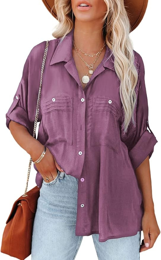 AlvaQ Womens V Neck Roll Up Long Sleeve Button Down Shirts Casual Blouse Tops,S-2XL | Amazon (US)