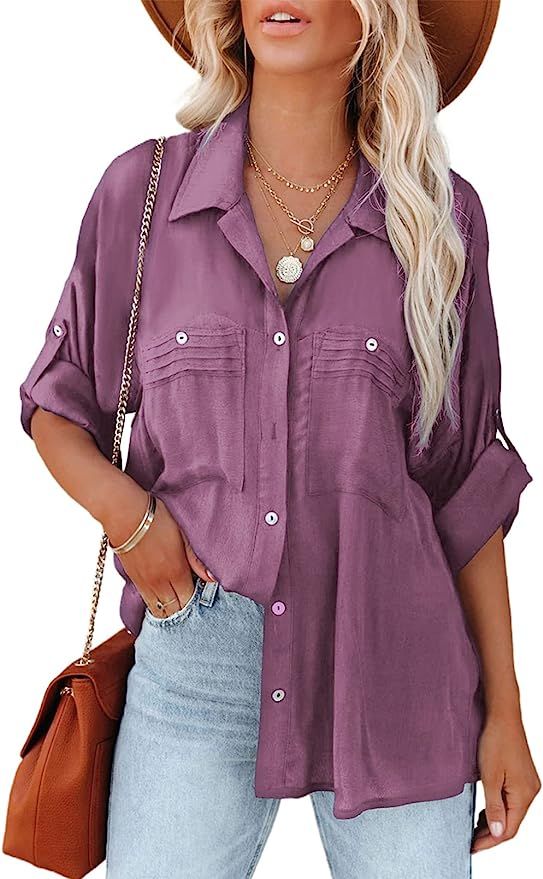 AlvaQ Womens V Neck Roll Up Long Sleeve Button Down Shirts Casual Blouse Tops,S-2XL | Amazon (US)