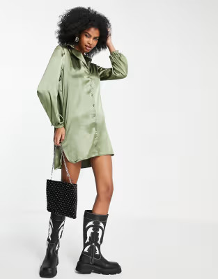 Flounce London mini satin shirt dress in khaki | ASOS (Global)