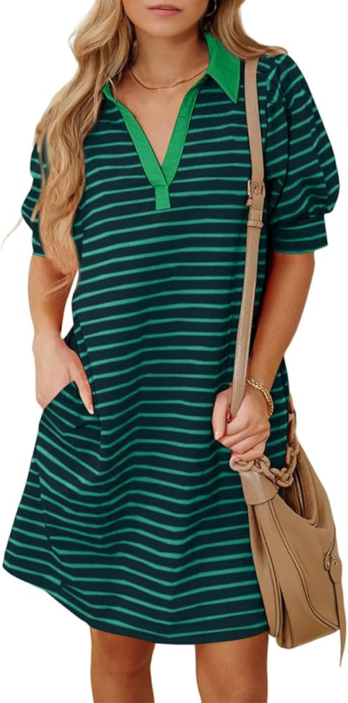 BLENCOT Women's Casual Polo V Neck T Shirt Striped Dress Summer Puff Short Sleeve MIdi Dresses | Amazon (US)