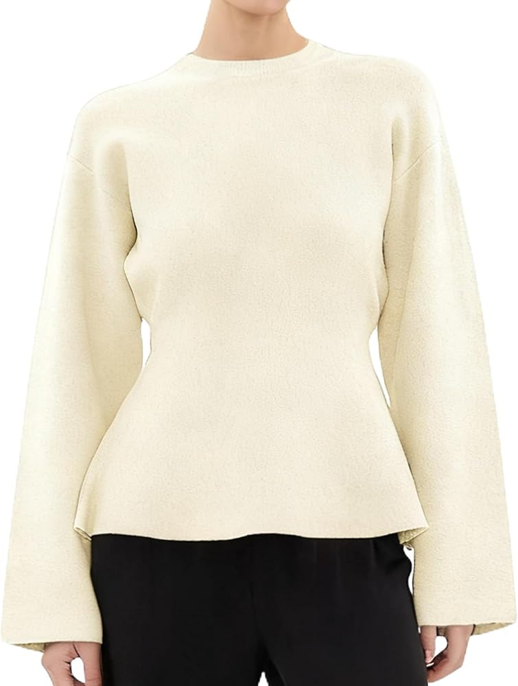 Women's Peplum Hem Sweater Long Sleeve Self Tie Belted Loose Crew Neck Knit Pullover Jumper | Amazon (US)