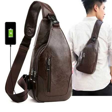Clearance Sling Bag for Men Women Leather Sling Bag Shoulder Backpack Chest Bags Crossbody Daypack with Usb and Earphone Hole for Hiking Camping Outdoor Trip | Walmart (US)