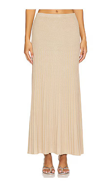 525 Eloise Lurex Maxi Pleated Skirt in Gilded Beige from Revolve.com | Revolve Clothing (Global)