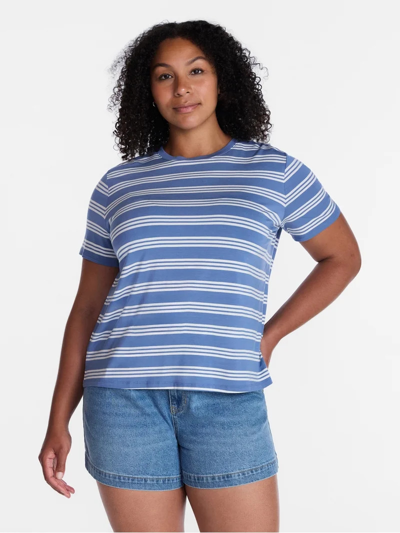 Time and Tru Women's Draped Boxy Tee with Short Sleeves, Sizes XS-XXXL | Walmart (US)