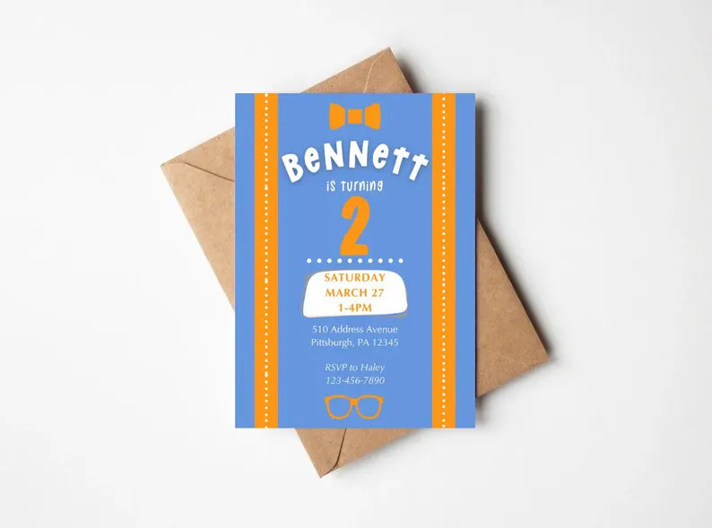 EDITABLE Kids Birthday Party Invitation Toddlers Blue and Orange Glasses Bowtie Suspenders Boys I... | Etsy (US)