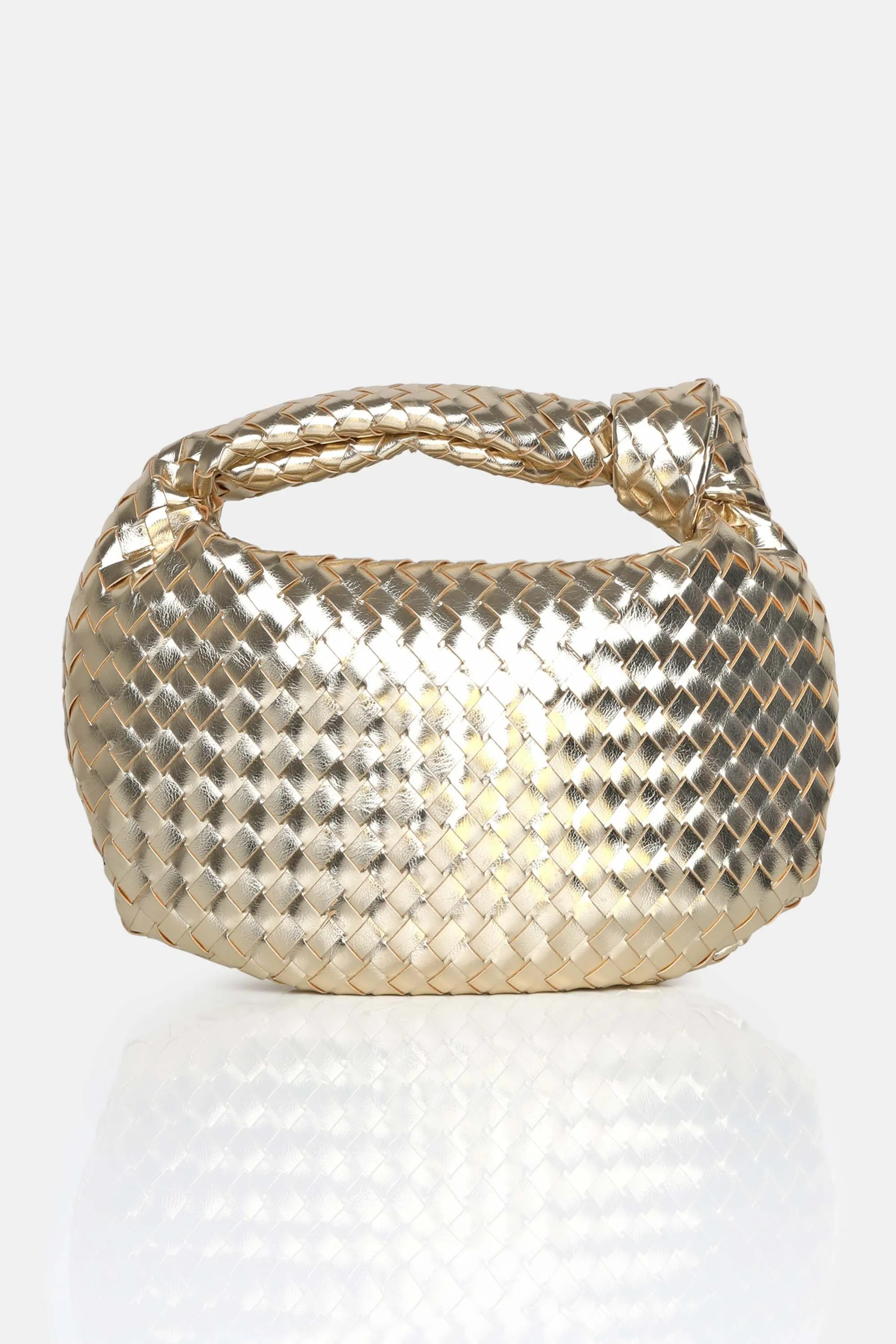 Public Desire The Blame Metallic Gold Woven PU Knot Detail Mini Grab Bag | Boohoo | Boohoo.com (UK & IE)