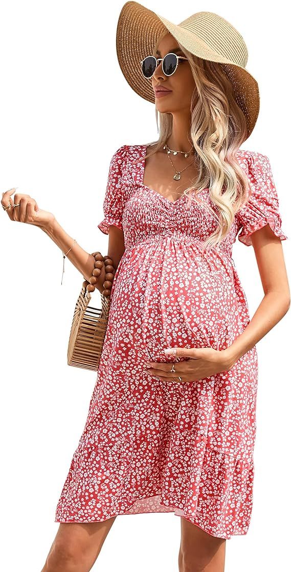 Maternity Dress Womens Casual Sweetheart Neck Ruffle A Line Dress Foral Printed Flowy Mini Short ... | Amazon (US)