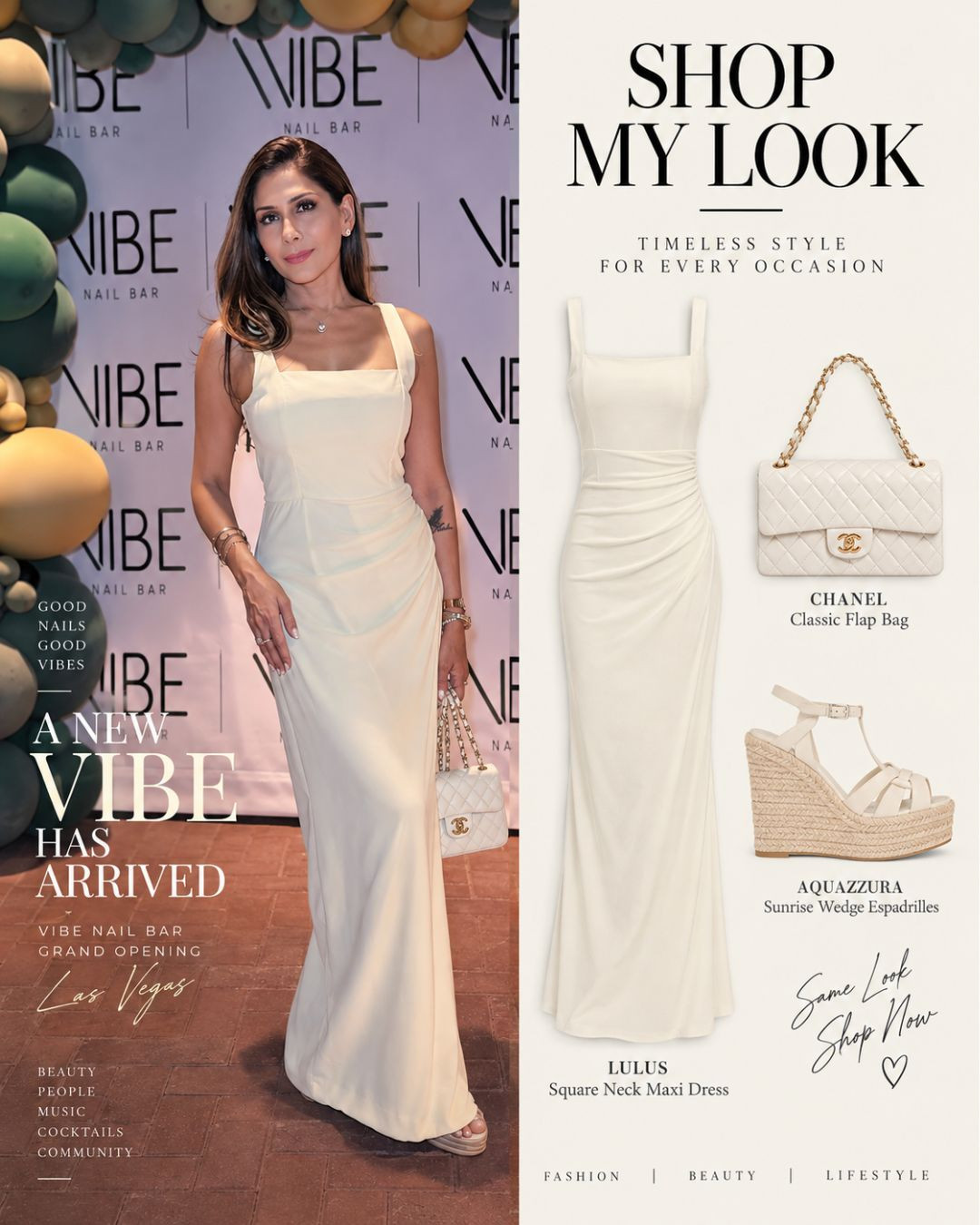 Ivory elegance 🤍 A feminine Lulus dress styled with a Chanel bag and chic espadrille wedges — simple, polished, and perfect for an evening out. ✨ 

 #LTKvlog #LTKSeasonal #LTKActive