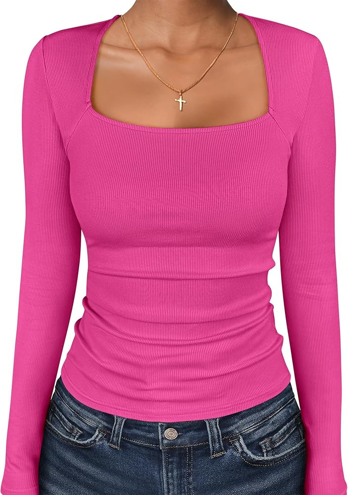 ANRABESS Long Sleeve Shirts for Women Square Neck Tops Ribbed Knit Slim Fit Basic Tee Going Out F... | Amazon (US)