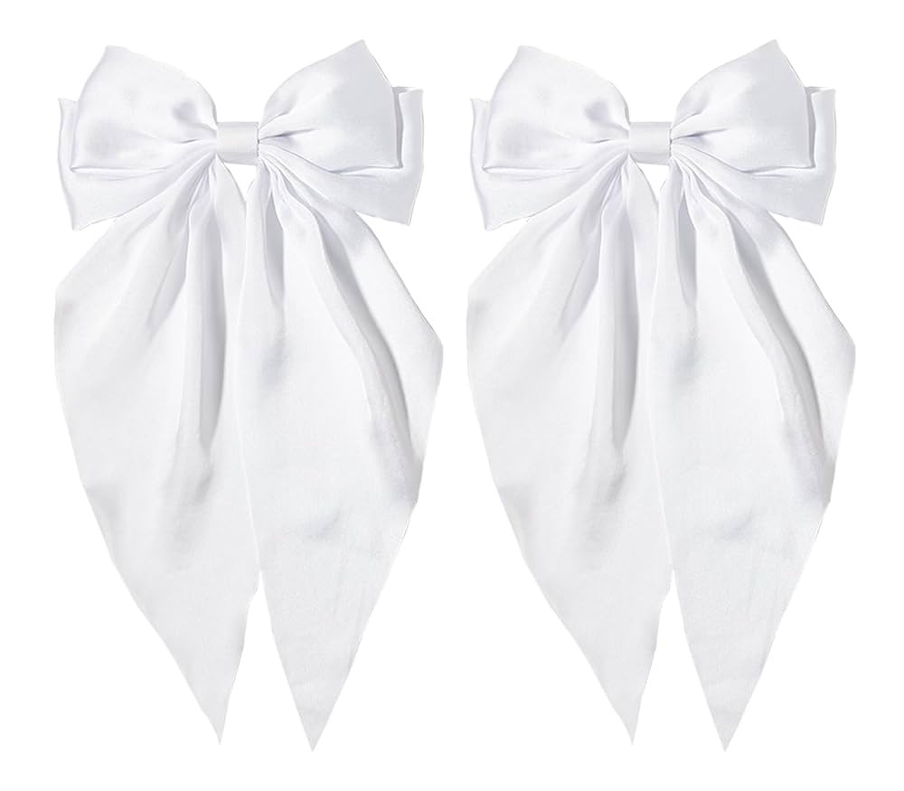 White Hair Bow for Women- Furling Pompoms Pack of 2 Satin Big White Bow Hair Clip for Girls Long ... | Amazon (US)