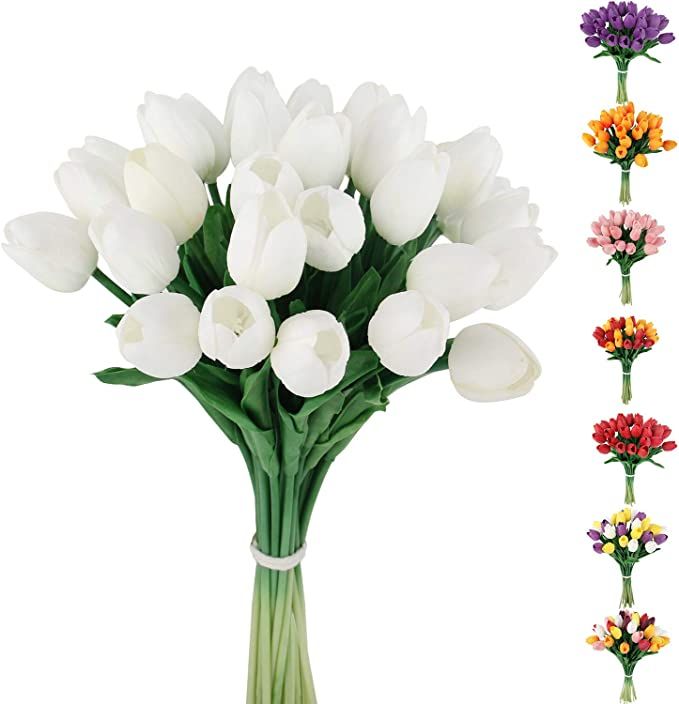C APPOK 30pcs Artificial Tulips Flowers Fake Latex Tulip Stems - Real Touch Faux White Tulips Flo... | Amazon (US)
