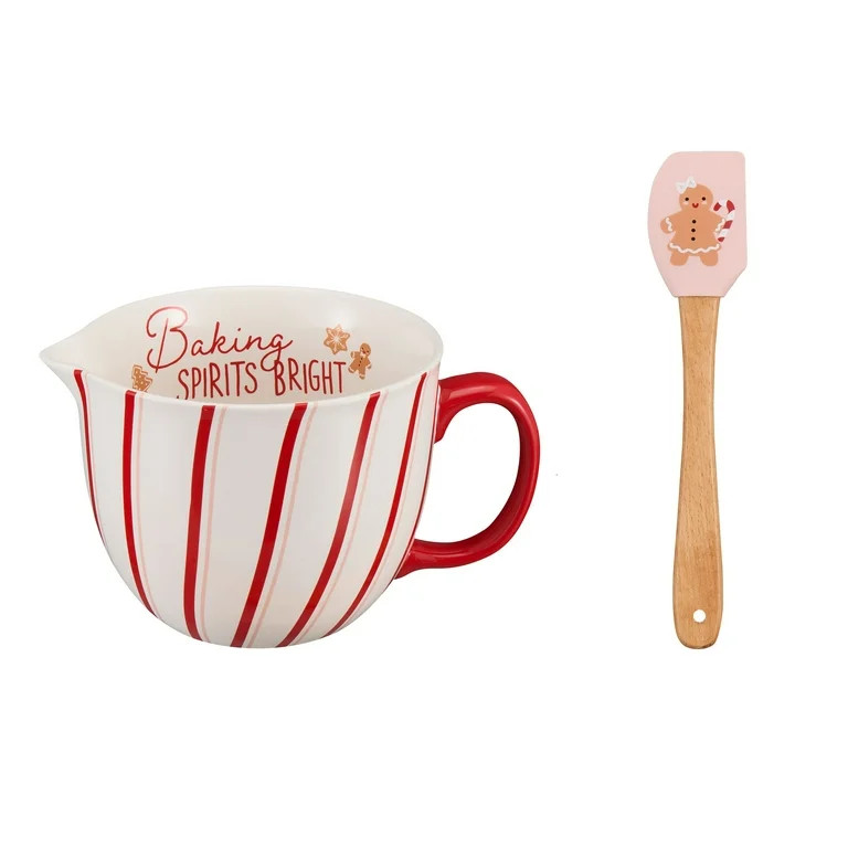 Holiday Time 2-Piece Stripes & Gingerbread Glazed Stoneware Batter Bowl & Spatula Set, Multicolor | Walmart (US)