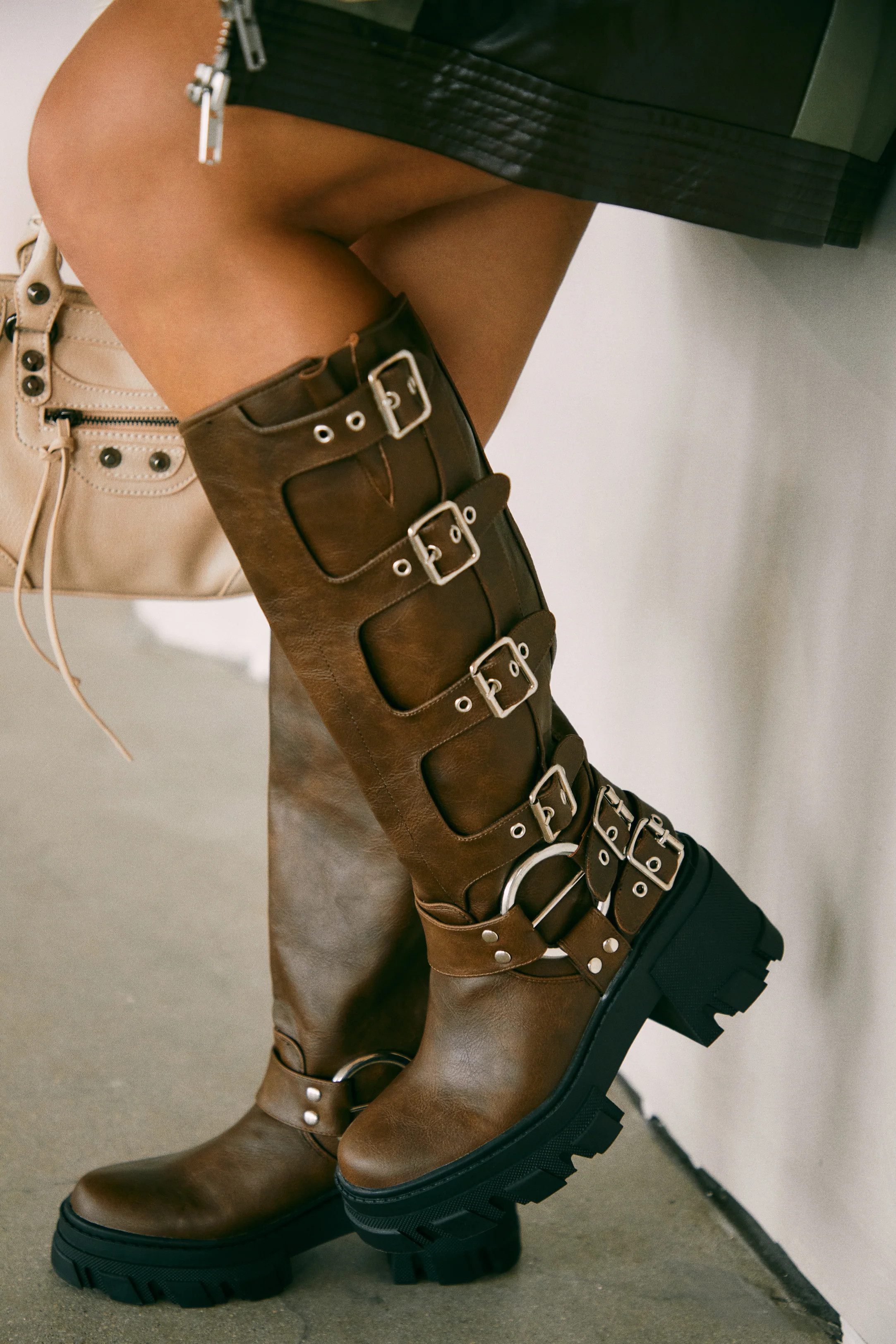 Miss Lola | Alix Brown Knee High Buckle Combat Boots | MISS LOLA