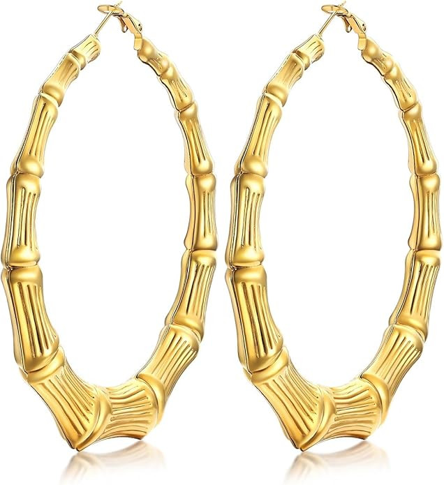 KeyStyle Bamboo Hoop Earrings for Women, Stainless Steel 90s Hoops Earring Lightweight Loops for ... | Amazon (US)