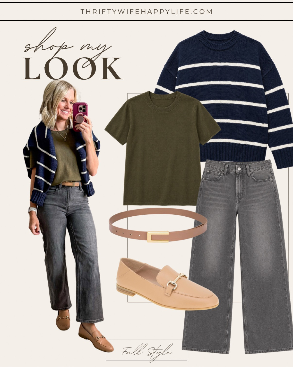 Shop my fall look: striped sweater, olive tee, gray wide-leg jeans, and loafers 🍂 #LTKOver40 #LTKPetite #LTKSeasonal