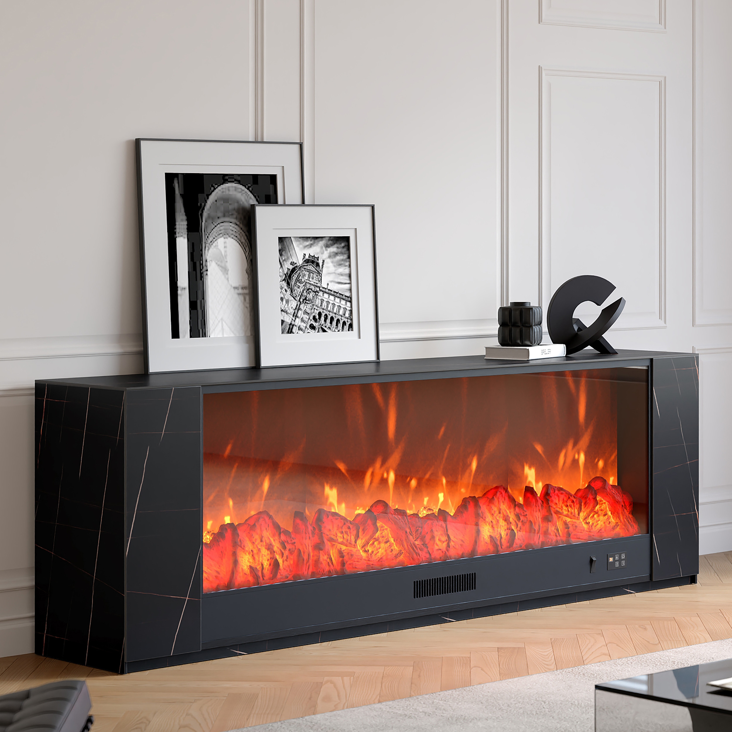 70.9" Modern Black Marble Veneer Sintered Stone Electric Fireplace TV Stand with Remote Control Temperature Adjustable | Homary