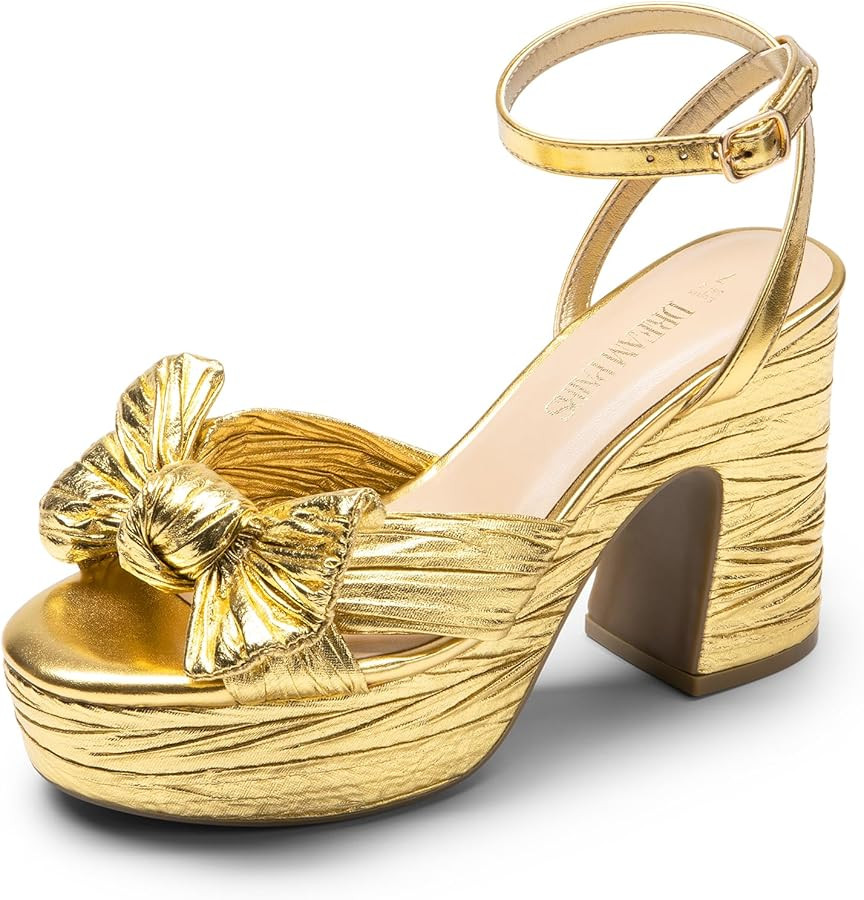 DREAM PAIRS Women's Chunky Platform Heels Sandals Pleated Bow Knot Ankle Buckle Strap Heeled Sand... | Amazon (US)