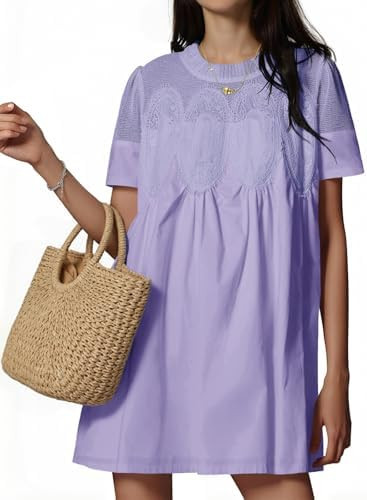 Wenrine Womens Lace Mini Dress Summer Short Sleeve Crewneck Sheer Mesh Casual Loose Ruffle Babydo... | Amazon (US)