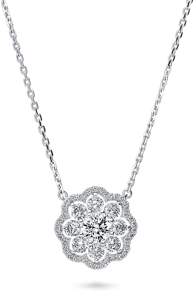 BERRICLE Sterling Silver Flower Cubic Zirconia CZ Halo Anniversary Pendant Necklace for Women, Rh... | Amazon (US)