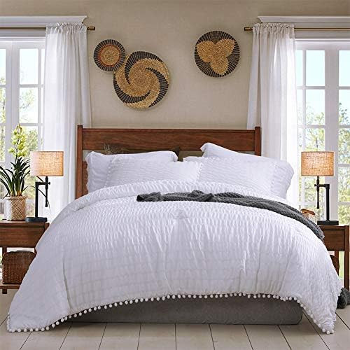 SexyTown White Queen Pom Pom Comforter Set,Boho Seersucker Textured Bedding Down Comforter Fluffy... | Amazon (US)